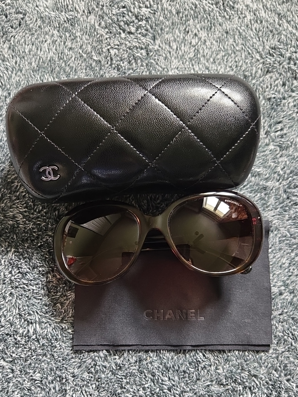 Chanel Women's Oversized Black Sunglasses with Quilted Case